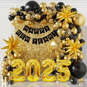140Pcs New Year Eve Party Supplies Decorations Balloons Arch Happy New Year Black Gold New Year Balloon