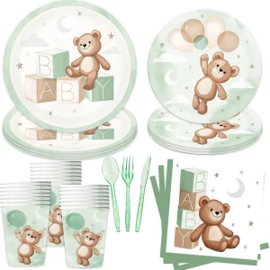 140pcs Bear Disposable Tableware Set Plates, Napkins, Cups, Knife and Fork Spoons, Green Bears Birthday Party Supplies