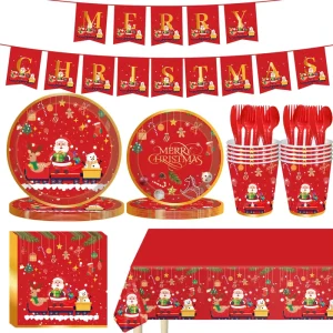144 Pcs Cartoon Christmas Train Party Decorations Eco Friendly Paper Plates Napkins & Cups (9″ & 7″) for Festive Celebrations