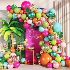 146pcs set Pink Pearl Pink Green Blue Orange Gold Metallic Green Confetti Filled Latex Balloon for Summer Tropical Luau Party