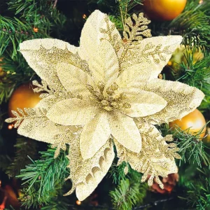 14cm Golden Elegant Christmas Floral New Year Party Decorations Artificial Glitter Christmas Floral Christmas Tree Decorations