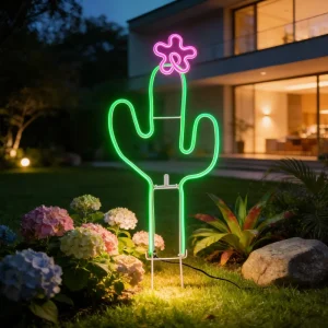15″H Cactus Shaped Neon Sign with Flower, Plug Powered LED Neon Light for Home, Bedroom, Patio, Garden and Party Decor