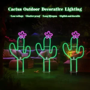 15″H Metal Cactus Shaped Art Deco Neon Sign with Flower Plug Powered LED Light for Home Bedroom Patio Garden and Party Decor