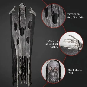 150cm Halloween Hanging Ghost Decoration with Red Eyes Tattered Gauze Skull Prop for Outdoor Haunted House