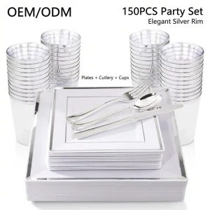 150pcs Silver Party Dinnerware Set for 25 Guests Silver Wedding Disposable Plates for Wedding Birthday