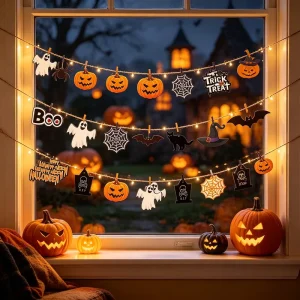 15PCS Halloween Wood Banners with Ghosts, Pumpkins, Spiders, Bats, Cats, Witch Hats & Tombstones for Parties
