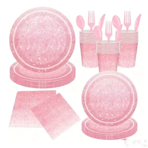 16 People Flowing Sand Pink Paper Plate Disposable Tableware Set for Party Venue Birthday Party Supplies Decoration