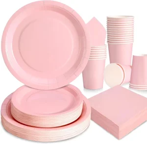 168 PCS Solid Color Theme Party Supplies Pink Paper Plates Paper Cups Paper Napkins Disposable Tableware Set