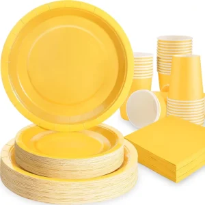 168 PCS Solid Color Theme Party Supplies Yellow Paper Plates Paper Cups Paper Napkins Disposable Tableware Set