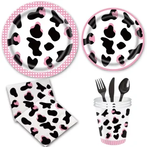 168 Pcs Pink Cow Party Supplies Included Plates Cups Napkins Knife Spoons Forks Tableware Serves for 24 Cow Theme Farm Animal