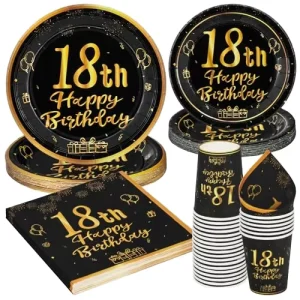 169pcs Black Gold Theme 18th Birthday Paper Plates Cup Disposable Napkins Cups Party Tableware Table Decorations