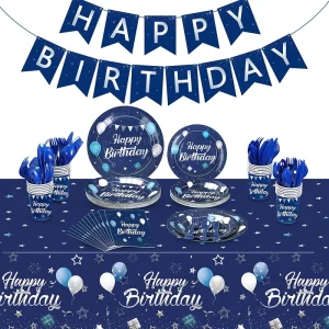 171 Pieces Happy Birthday Party Tableware Set Birthday Decoration Birthday Banner and Tablecloths Plates Cups Napkins