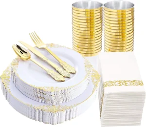 175 Pcs Disposable Plastic BPA Free Elegant White Dinnerware Set Golden Embossed Edge Charger Plate Salad Plate Wedding Party