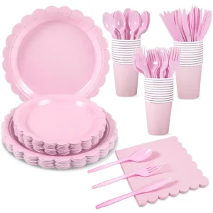 175 Pcs Pink Plates Napkins Pink Party Decorations Scalloped Birthday Tableware Plastic Silverware