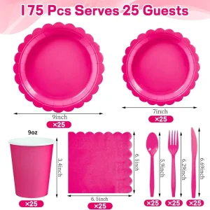 175 Pcs for 25 People Party Decoration Solid Color Tableware Paper Plate Set Party Supplies Set Birthday Party Decoration
