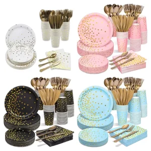 175PCS Disposable Paper Plates Gold Party Supplies Golden Polka Dots Birthday Baptism Decorations Plates Cups Wedding Supplies
