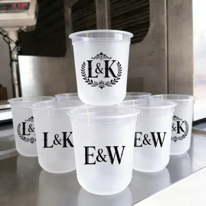 17oz Personalized Frosted Stadium Cup for Wedding Reception Favors Reusable Plastic Drinkware with Custom Names and Date