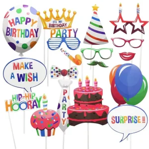18-Piece Birthday Cake Photo Props Happy Birthday Balloon Candle for Photo Booth Party Tableware Halloween Easter Back School