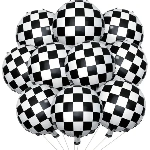 18″ Round Shape Black & White Checkerboard Racing Theme Party Helium Foil Balloons Set for Birthday Decoration