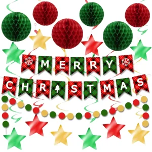18 S Colourful Paper Honeycomb Star Swirls Merry Christmas Banner Dot Garland Hanging Decoration for X Mas Party Decoration