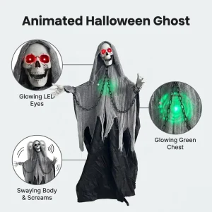 185cm Animated Grim Reaper Skeleton Ghost with Sound Activation, Shaking Motion, Glowing Red Eyes, and Green Chest