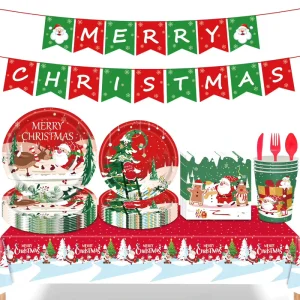 194 PCS Christmas Party Supplies Disposable Tableware Set with Paper Cup Plate Tablecloth for 24 Guests Party Decoration