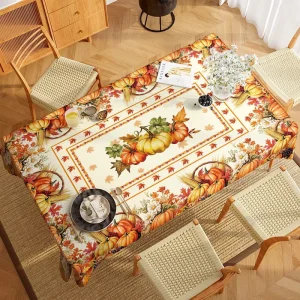 1Pc Autumn Harvest Woven Polyester Pennant Banner Pumpkin Maple Acorn Print Beige Orange Brown Thanksgiving Picnic Decor