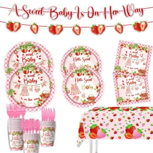 1st Strawberry Baptism Theme Disposable Tableware Packs Paper Plates Cups Tablecloth Banner for Girls Baby Shower Party Decor