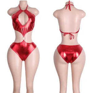 2-Piece Patent Leather Thong Metal Stripper Outfits Exotic Dancewear Performance Clubwear Rhinestone Bodysuits Festival Costumes