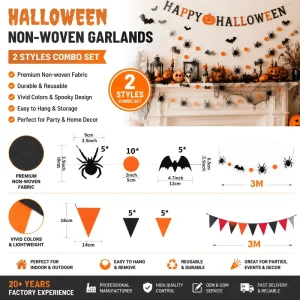 2 Styles Halloween Felt Garland Banner Black Bat Spider Orange Round & Triangle Felt Pull Flag Holiday Party Supplies