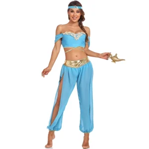 2 piece Polyester Women Sexy Party Suit TV Movie Jasmine Princess Cosplay Halloween Belly Dance Stage Performance Pants