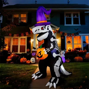 2.4 meter Halloween Inflatable Skeleton Dinosaur Holding Pumpkin LED Light Outdoor Decoration