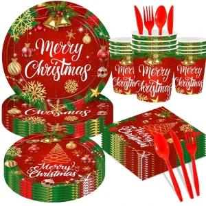 20 Guests Red and Green Christmas Theme Disposable Tableware Set Plates Cups