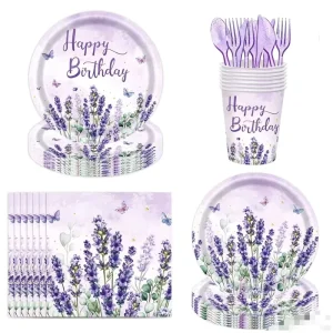 20 Peiple Lavender Butterfly Theme Disposable Tableware Set Paper Plates Napkins Tablecloth Banner for Girl Birthday Party Decor