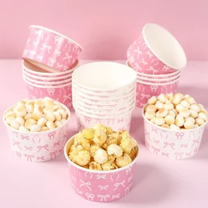 20Pcs Pink Bow Print Paper Bowls Disposable Ice Cream Snack Bowls for Birthday Party Dessert Supplies