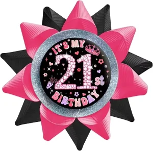 21st Birthday Button Pins for Girls Handmade Black Pink Grosgrain Ribbon Tinplate Badge Party Decorations