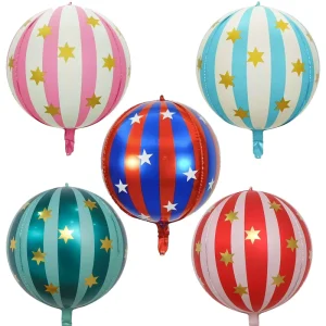 22 Inch 4D Round Star Striped Foil Balloons Carnival Circus Themed Helium Balloons for Birthday Baby Shower Party Decorations