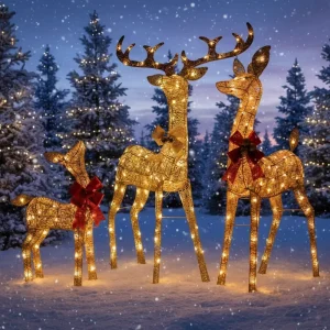22 Inches Warm White LED Lights 3 Piece Pre Lit 3D Christmas Reindeer Family Lighted Glitter Outdoor Holiday Decoration
