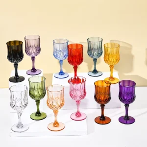 220ml Colored Plastic Stemmed Wine Glasses Reusable Vintage Wine Goblet Retro Drinking Cups for Wedding Party Bar Cocktail