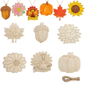 24 12pcs Unfinished Wood DIY Hand Painted Turkey Pumpkin Squirrel Maple Leaf Pine Cone Harvest Festival Thanksgiving Day Party