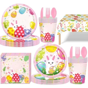 24 Guests Happy Easter Bunny Party Favor Decoration Disposable Paper Plate Cup Set Party Tableware Napkin Kid Festival Supplies