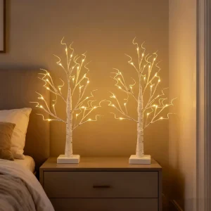 24 LED 2FT Birch Tree with LED Lights Artificial Foldable Christmas Tree Lights for Christmas Easter Festive Decoration