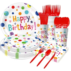 24 People Colorful Polka Dot Dinnerware Set Birthday Celebration Plates Napkins Easter Valentine’s Day Decorations Kids Birthday