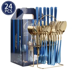 24 Piece Premium Stainless Steel Cutlery Set Storage Rack Including Knives Forks Spoons Reusable Mirror Polished Light Set