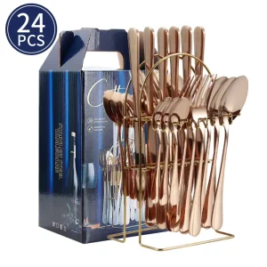 24 Piece Stainless Steel Cutlery Set Knife Fork Spoon Reusable Light Luxury Mirror Polished Finish Storage Box