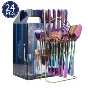 24 Piece Stainless Steel Cutlery Set Knife Fork Spoon Reusable Restaurants Weddings Modern Light Luxury Design Mirror Polish