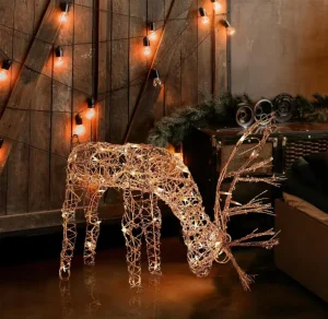 24″ Tall Outdoor Rattan Grazing Reindeer White LED Lights Customizable Size Easy Installation Portable Christmas Yard Decor