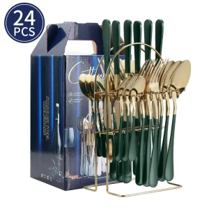 24 piece Stainless Steel Cutlery Set Including Knife Fork Spoon Stand Reusable Light Luxury for 6 People Can Be Hung Green Gold