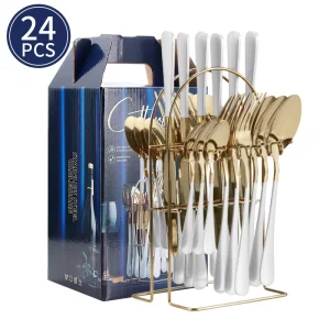 24 piece Stainless Steel Hanging Cutlery Set Stand Reusable Mirror Polished Serving 6 Includes Knife Fork Spoon Stand White Gold