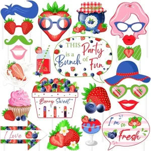 24Pcs Berry Theme Photo Booth Props for Girls Strawberry and Blueberry Party Fruit Theme Birthday Party Baby Shower Decorations